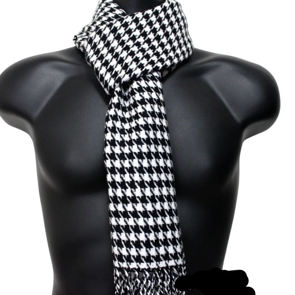 (A7) Houndstooth Scarf Black White Unisex Fringe Wrap Shawl RN 148206